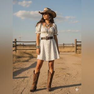 Floral dress size L puffy sleeves  romantic floral lilac print / cowgirl